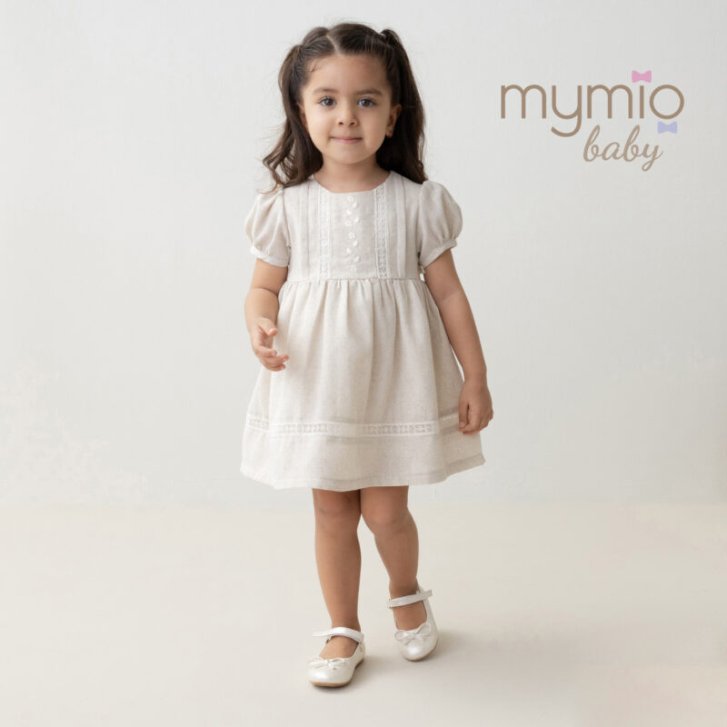 Mymio Linen Embroidered Baby Girl Dress, (4199), Brown, 9 Months