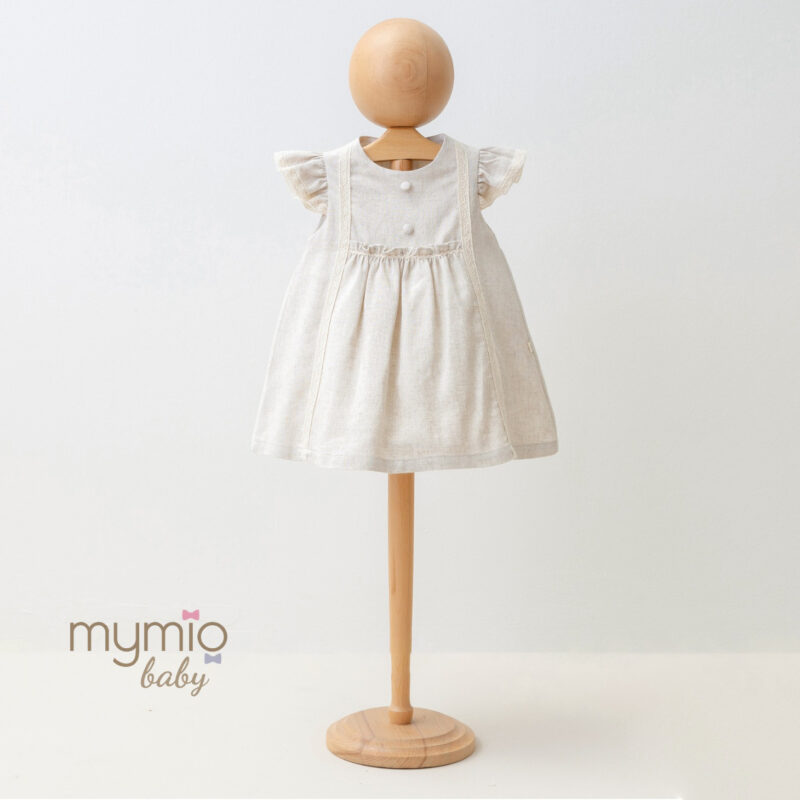 Mymio Linen Embroidered Baby Girl Dress, (4232), Brown, 12 Months