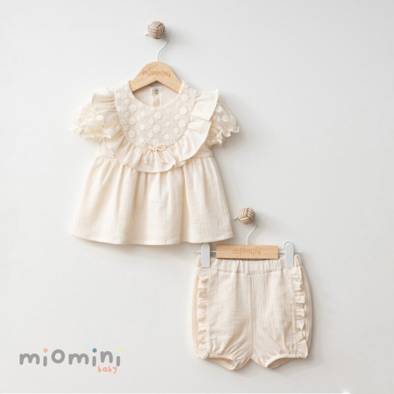 Miomini Embroidered Tulle Baby Girl 2-Piece Set with Shorts, (4254), Beige, 9 Months
