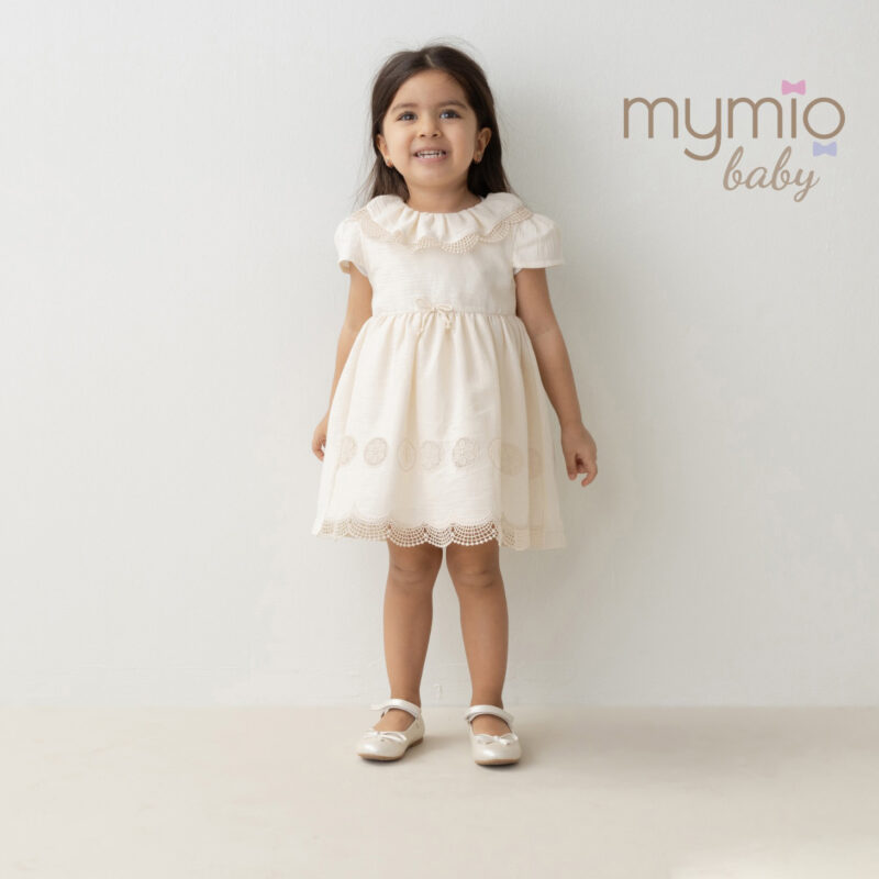 Mymio Embroidered Crinkle Baby Girl Dress, (4269), Beige, 18 Months