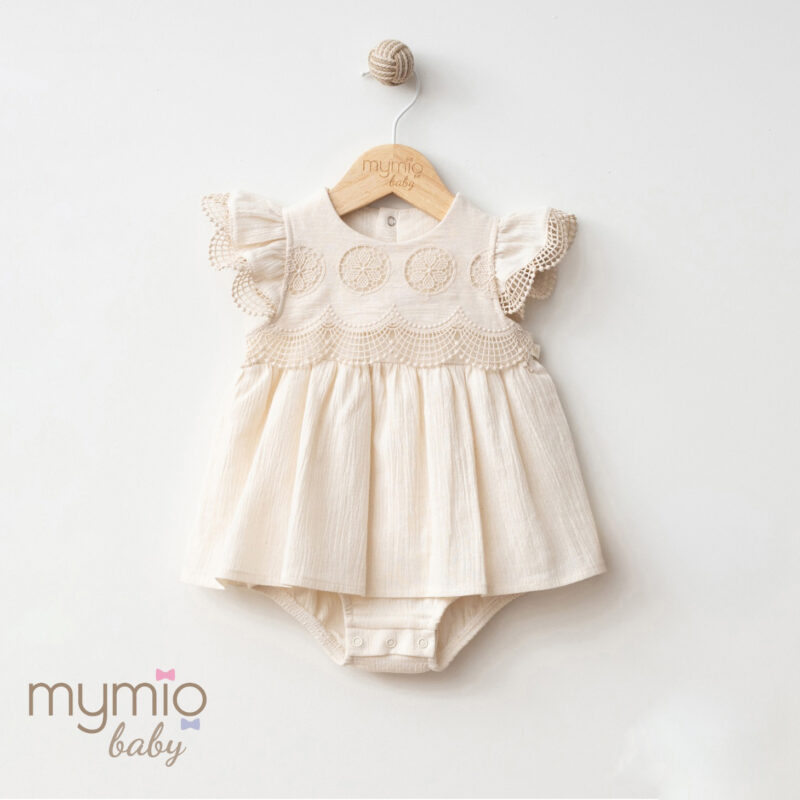 Mymio Embroidered Crinkle Baby Girl Bodysuit, (4263), Beige, 9 Months