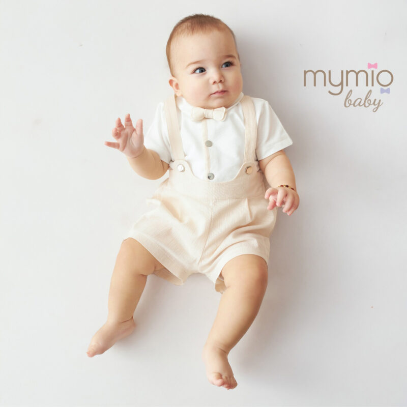 Mymio Crinkle Fabric Baby Boy Overall Romper, (4325), Beige, 12 Months