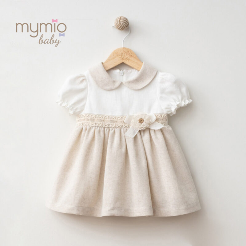 Mymio Slub Linen Baby Girl Dress, (4401), Brown, 18 Months