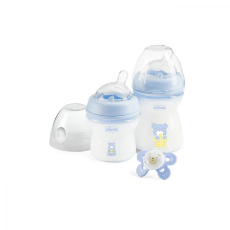 Chicco Natural Baby Feeling 2-Piece Bottle With Teether Gift Set – Blue (Bear)