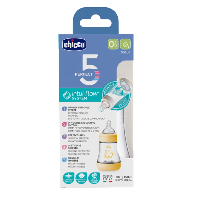 Chicco Perfect 5 Baby Bottle 0 M+ Slow Flow Yellow 150 Ml product thumbnail 2