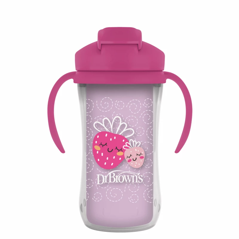 Dr. Brown's 10 oz/300 mL Insulated Straw Cup with Handles, Pink Strawberries (12m+), 1-Pack - Image 2