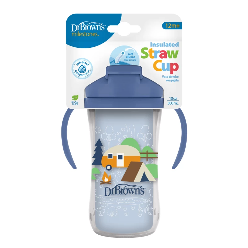 Dr. Brown's 10 oz/300 mL Insulated Straw Cup with Handles, Blue Camping Site (12m+), 1-Pack