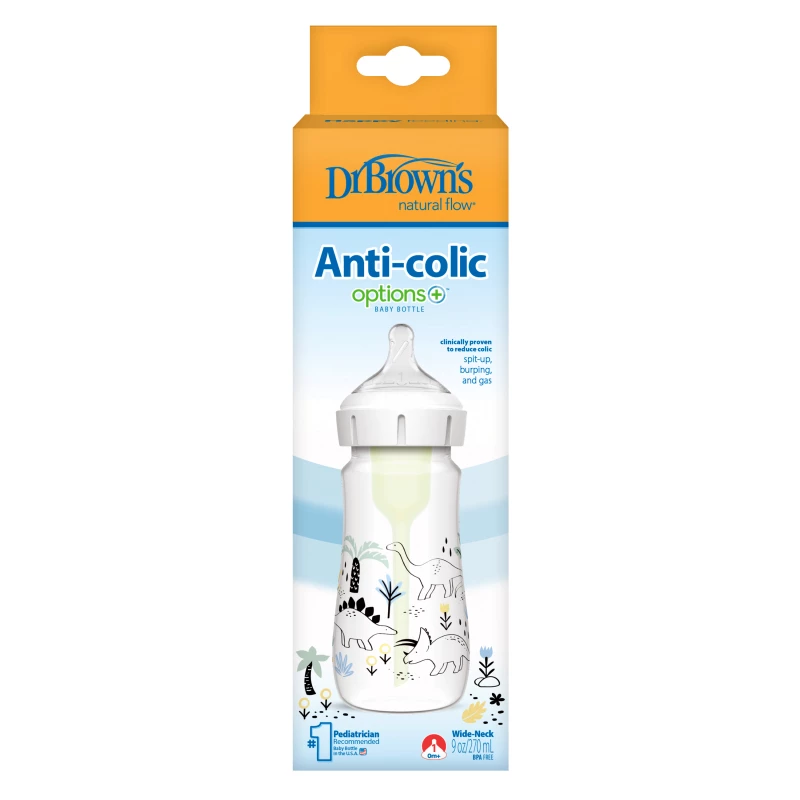 Dr. Brown's 9 oz/270 mL PP Wide-Neck Anti-Colic Options+ Designer Bottle, Multi Dinosaurs Design, 1-Pack