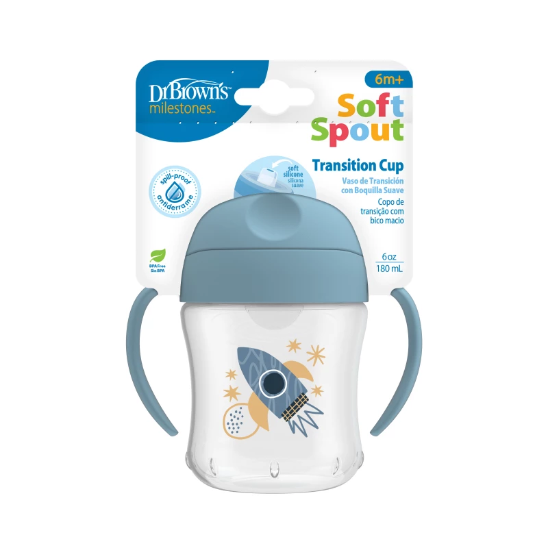 Dr. Brown's 6 oz/180 mL Soft-Spout Transition Cup with Handles, Rocket Ship (6m+), 1-Pack