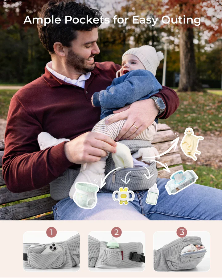 Momcozy Baby Carrier with Hip Seat Air Mesh-Grey - Image 8