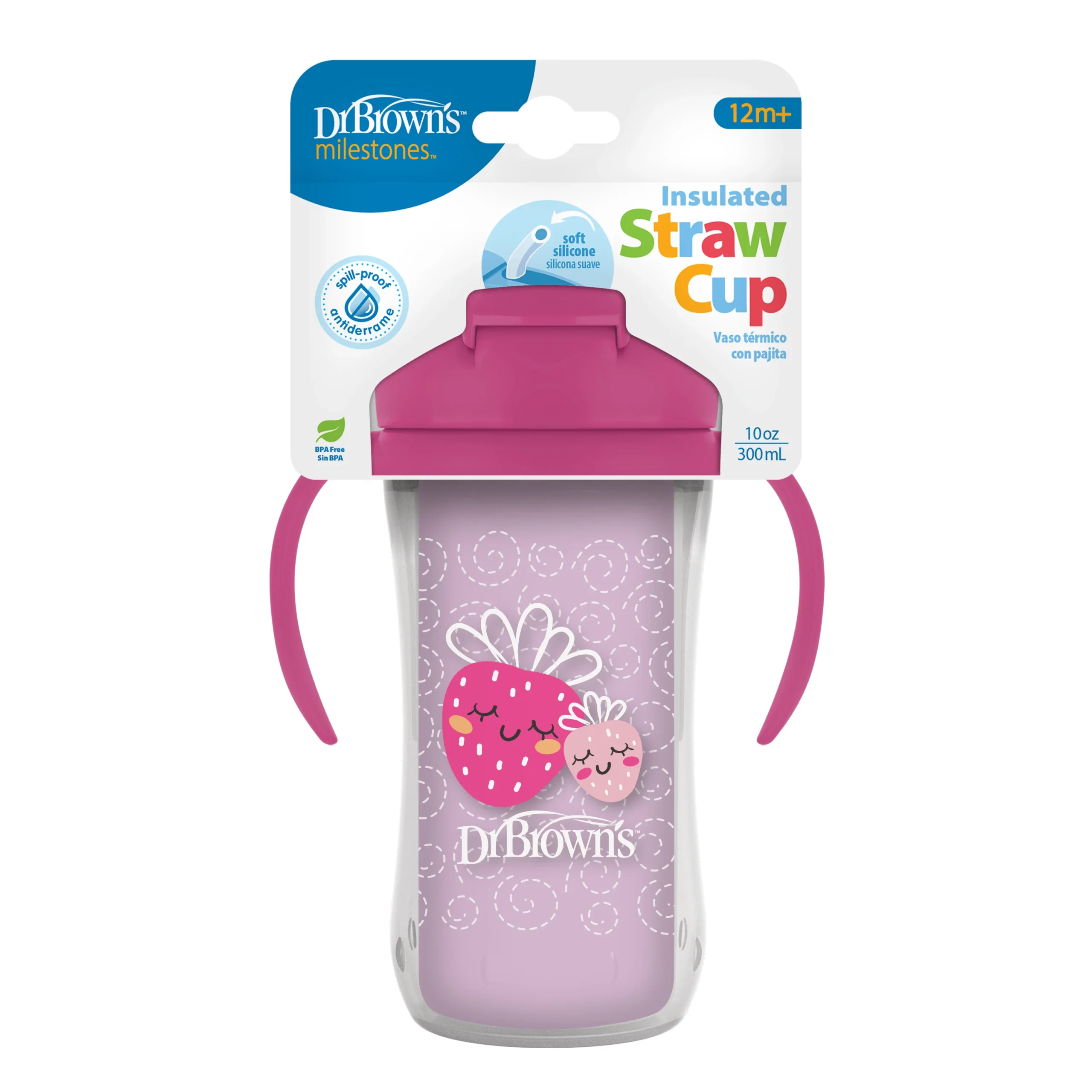 Dr. Brown's 10 oz/300 mL Insulated Straw Cup with Handles, Pink Strawberries (12m+), 1-Pack