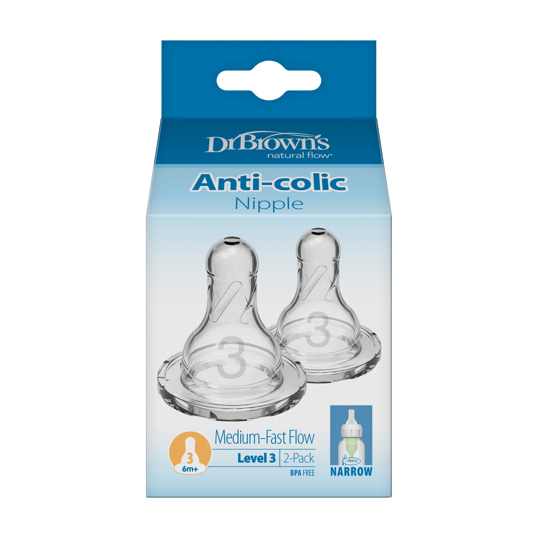 Dr. Brown's Level-3 Silicone Narrow Nipple, 2-Pack